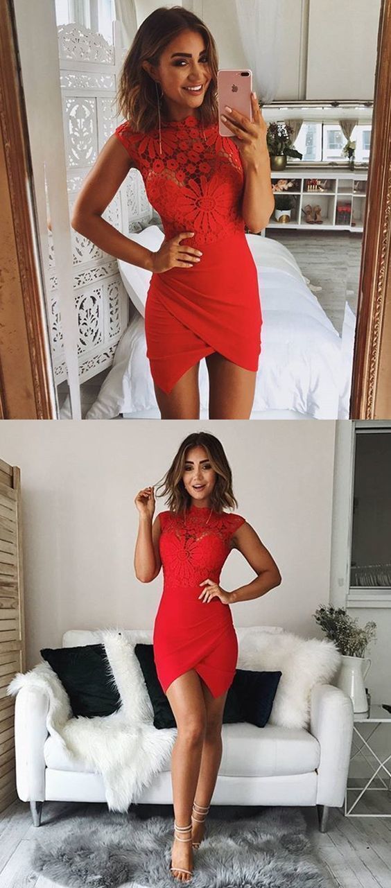 Gorgeous Sexy Custom Made Asymmetrical red lace homecoming dress cg3131