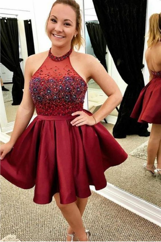 Burgundy Halter Sleeveless Backless A Line Homecoming Dresses cg3188