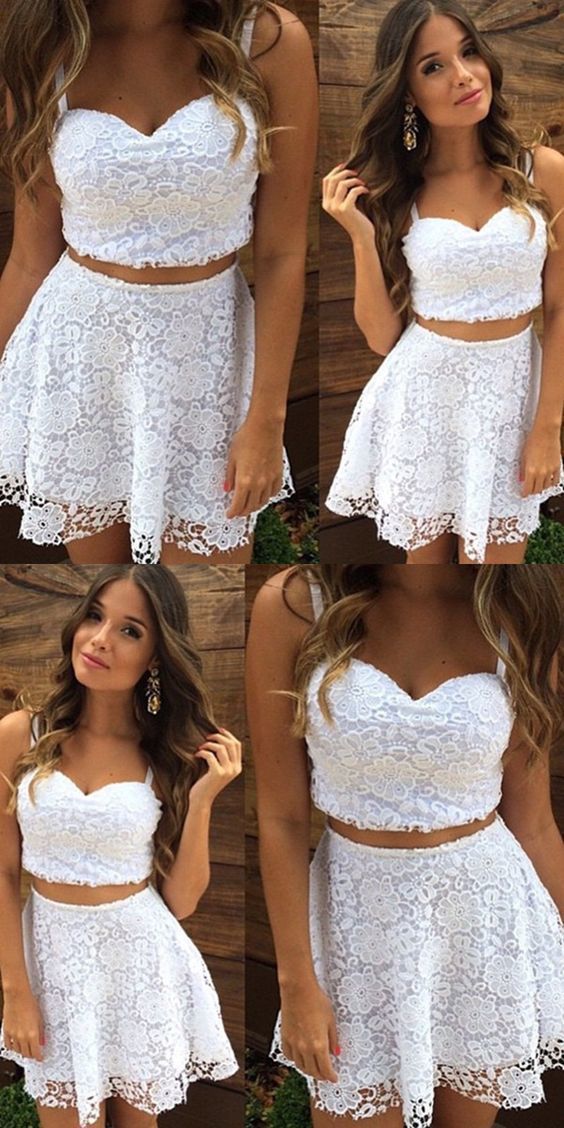 Two Piece Straps Short White Lace Homecoming Cocktail Dress ,cheap homecoming dress cg319
