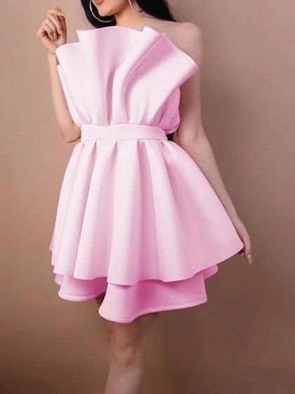 Pink Bandeau Ruffle Trim Open Back Chic Women Mini Homecoming Dress cg3273