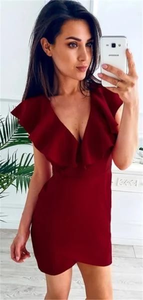 Sheath V-neck Burgundy Simple Homecoming Dresses With Ruffles cg3359