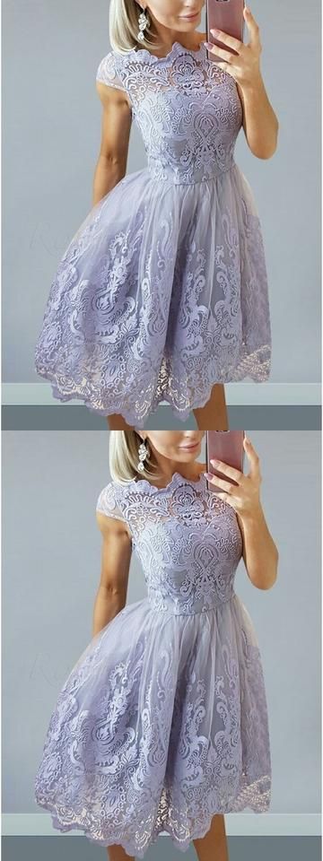 A-Line Bateau Cap Sleeves Lilac Homecoming Dress with Appliques cg3371