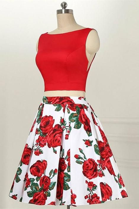 Two Piece Bateau Sleeveless Red Printed Satin Homecoming Dress cg3411