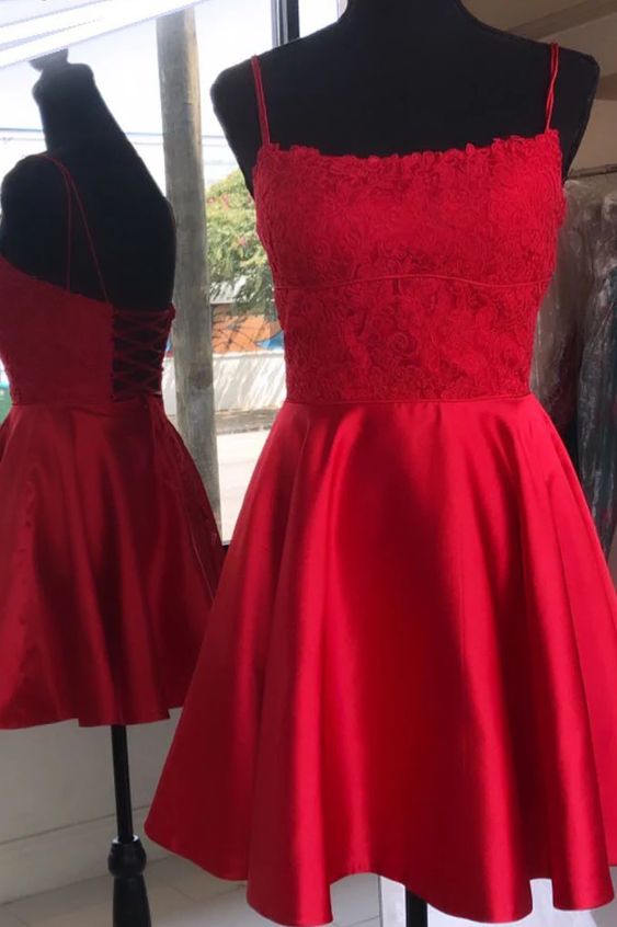 straps short homecoming dresses, red homecoming dresses with lace up back cg3429