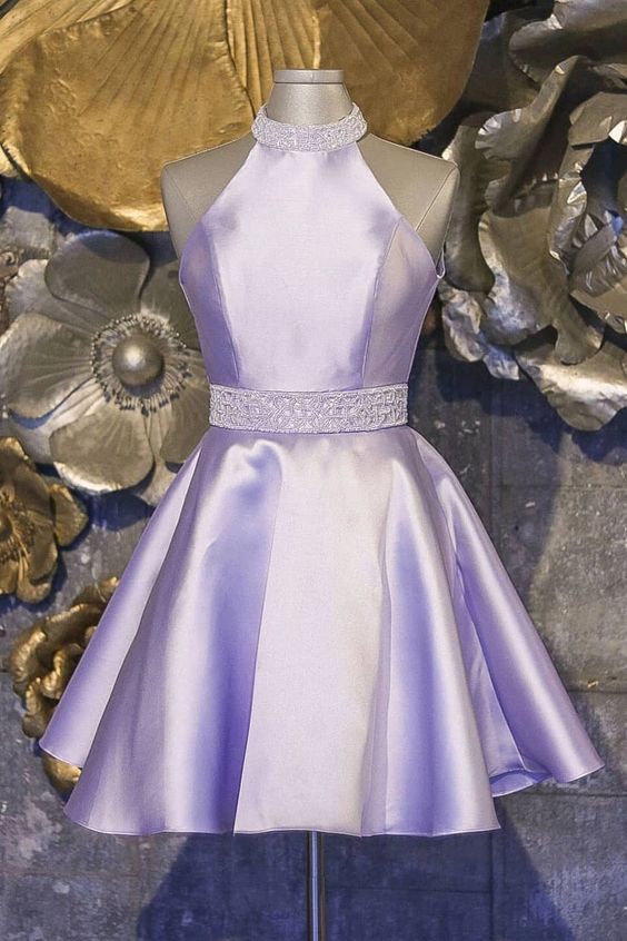 Halter Short Lavender Homecoming Dress with Beading cg3450