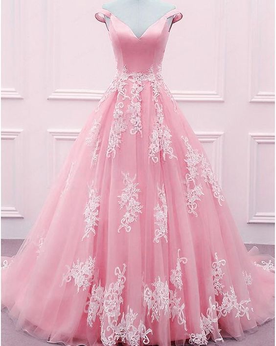 light pink Tulle And Satin Ball Gown Prom Dresses Lace Appliques Off Shoulder cg3484