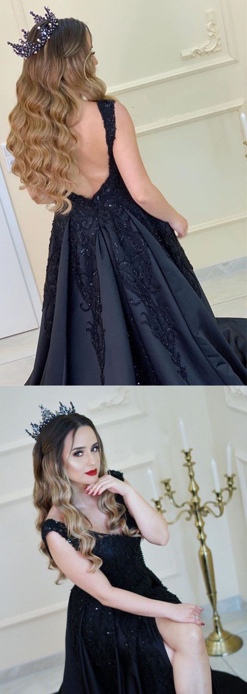 Elegant Black Satin Beaded V Neck Split Evening Dresses cg3485