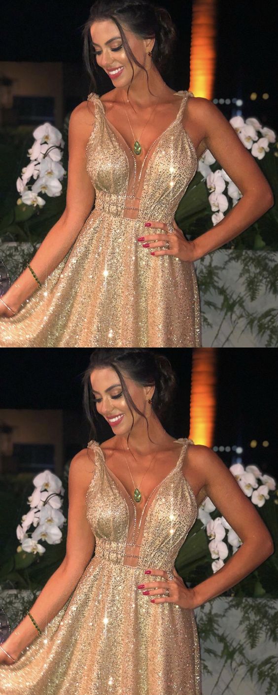 Long Gold Sequin Plunge V Neck Evening prom Gown Dresses cg3553