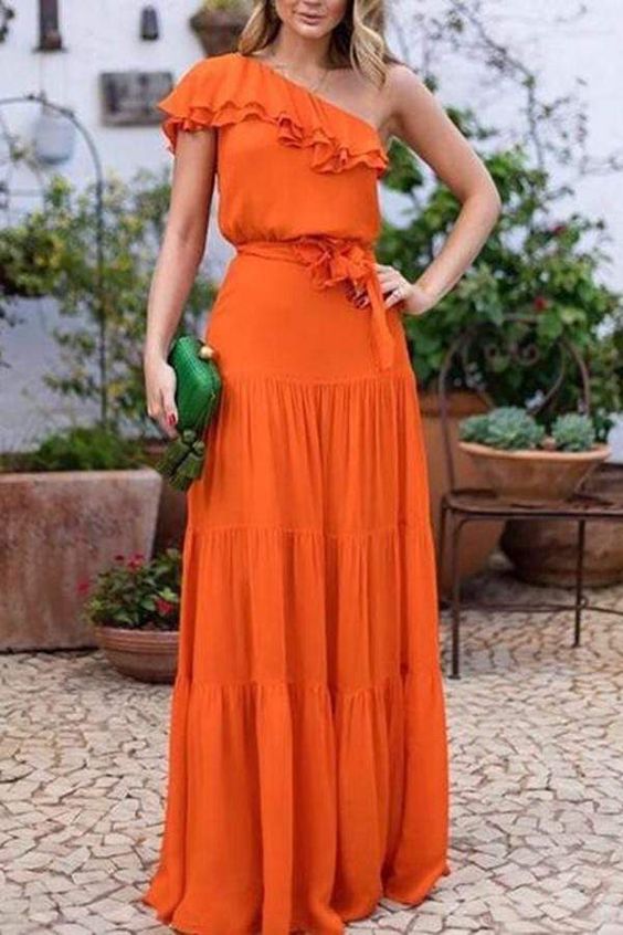 Elegant Sloping Shoulder Ruffled Belted Pure Colour prom Dress cg3596