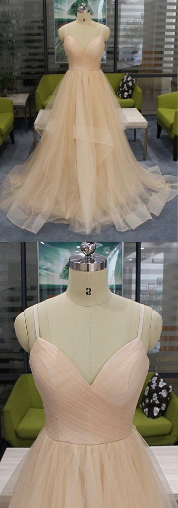 Champagne Tulle Spaghetti Long Open Back Ruffles Prom Dress cg3610