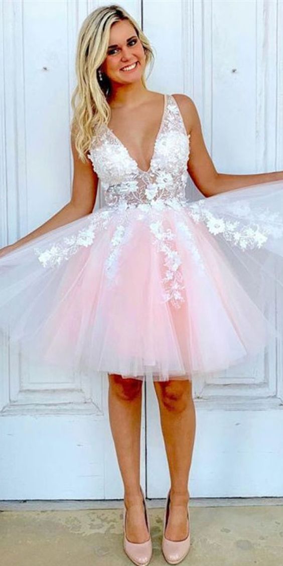 A-line V Neck Tulle Short Pink and White Homecoming Dress cg3628