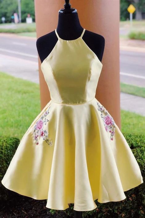 Formal yellow short homecoming dresses, chic homecoming dresses with embroidery cg3649