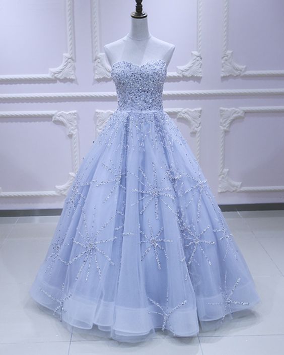 Sweetheart neck light blue tulle sequins long evening dress, long prom dress cg3773