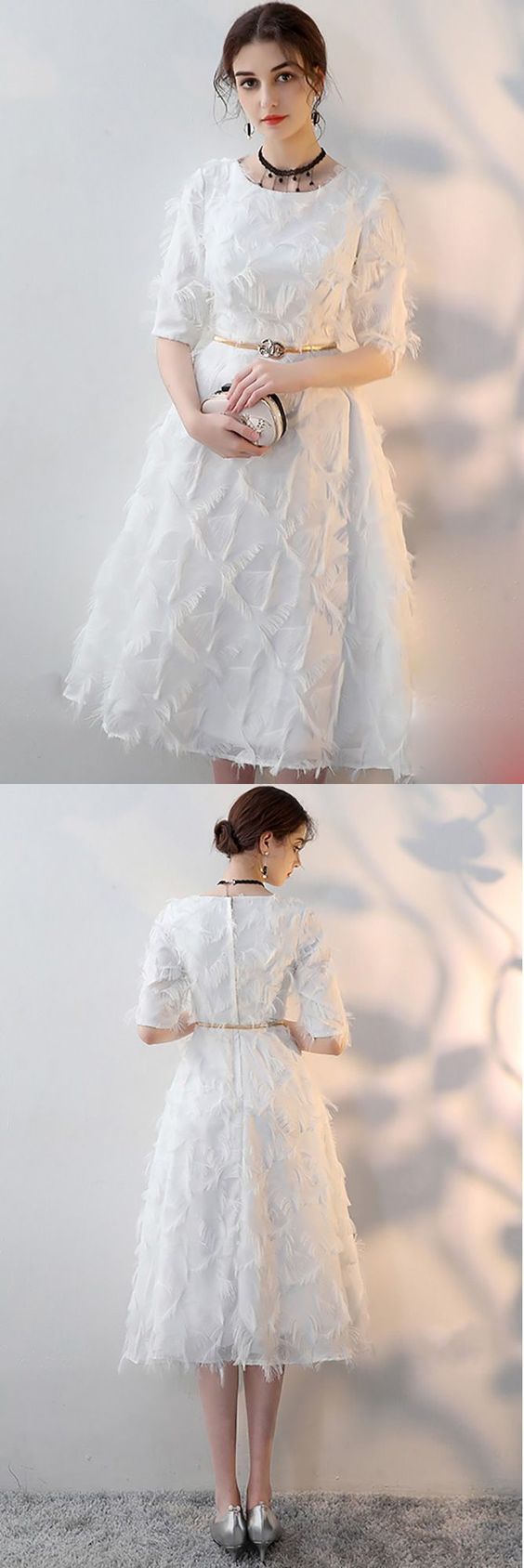 Homecoming Dresses White Feathers Tea Length Party Dress with Sleeves cg3845