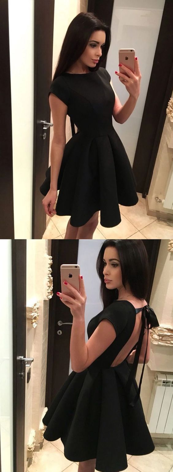 Black round neck short dress, homecoming dress cg3946