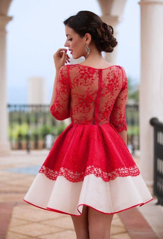 Chic Homecoming Dress Scoop A-line Red Lace Short Dress Party Dress cg4278