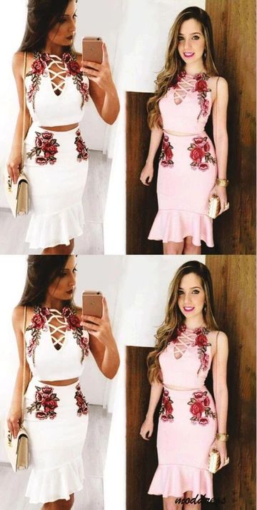 Sexy Fashion Straps Floral Embroidery Two Piece Homecoming Dress cg4324