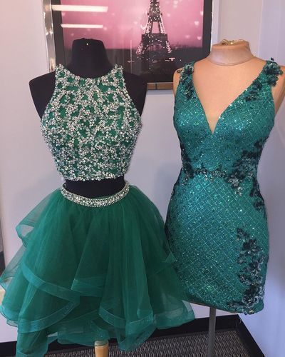 Elegant Short Beaded Homecoming Dress, Tulle Party Gown, Green Two Piece Dress cg4360