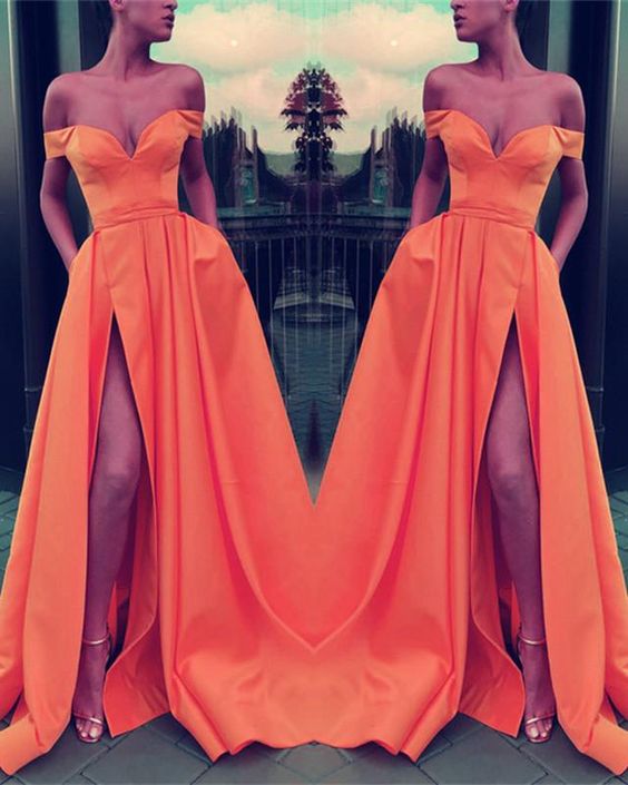 Sexy V-neck Off The Shoulder Long Satin Leg Split Evening prom Gowns cg4421