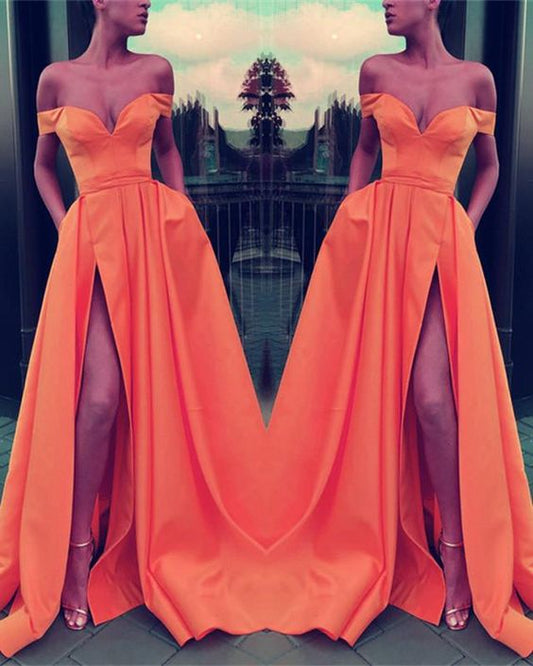 Sexy V-neck Off The Shoulder Long Satin Leg Split Evening prom Gowns cg4421