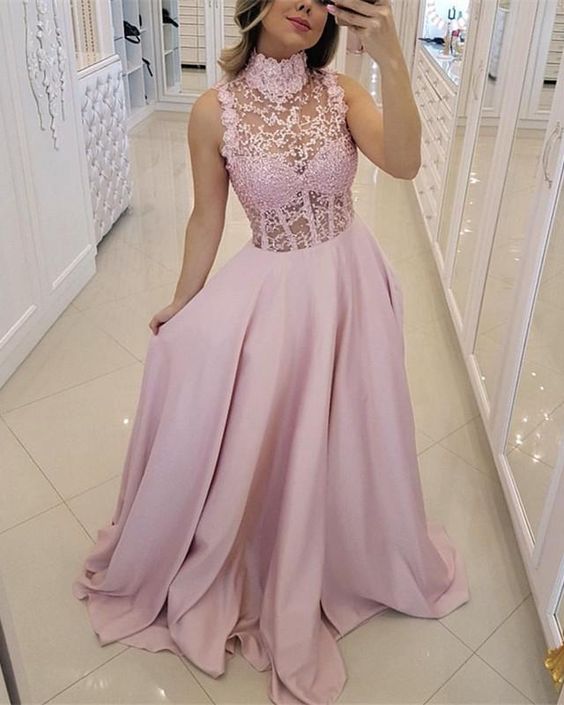 elegant pink prom dresses high neck satin gown cg4426
