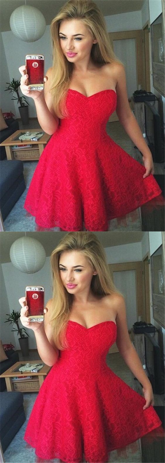A-Line Sweetheart Sleeveless Short Red Lace Homecoming Dress cg4442