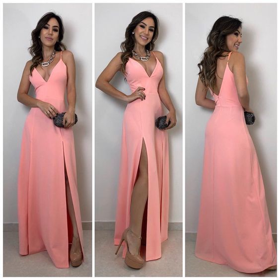 A-lien v neck pink long prom dress , open back prom dress with split cg4629