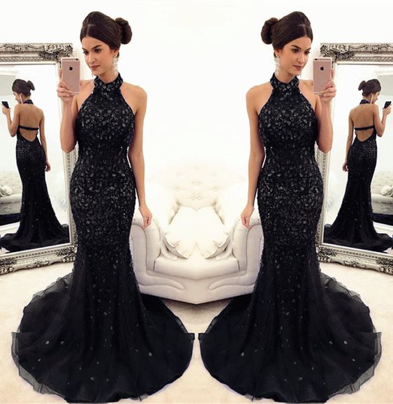 black mermaid prom dresses crystal beaded evening gowns with halter top cg4673