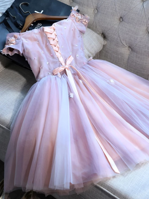 Pink tulle sequins short homecoming dress, pink evening dress cg4718