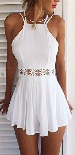 White Spaghetti Strap Halter Open Back Cut Out Lace Waist Pleated Short homecoming Dress cg4731