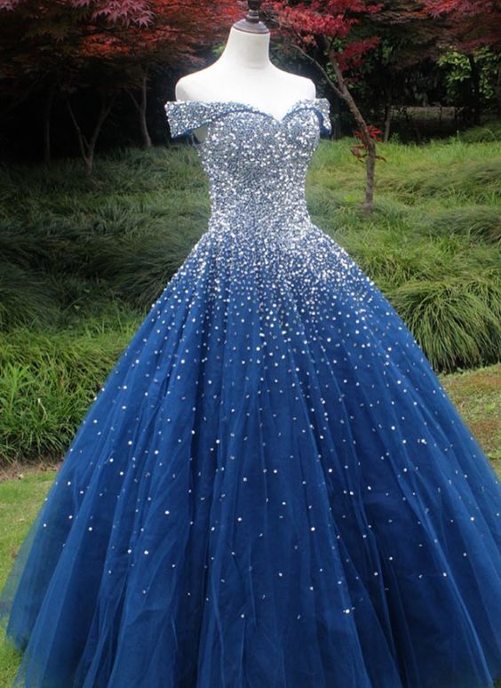 sparkle off the shoulder sequins navy blue ball gown prom dress , sweet 16 dress cg4761