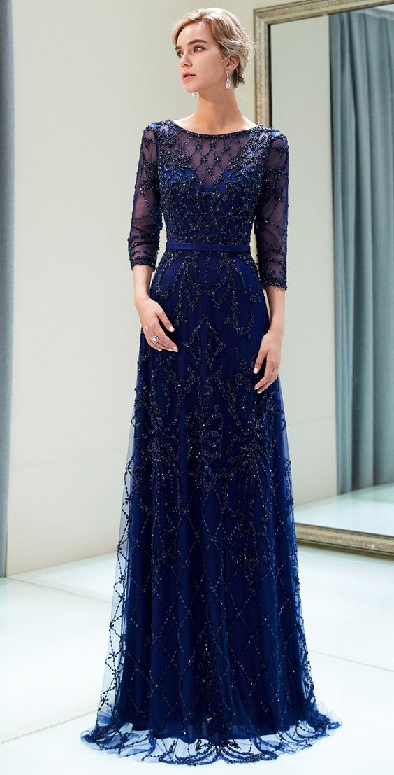 Luxurious Beaded Navy Blue Long Evening Dresses Party Dresses cg4787