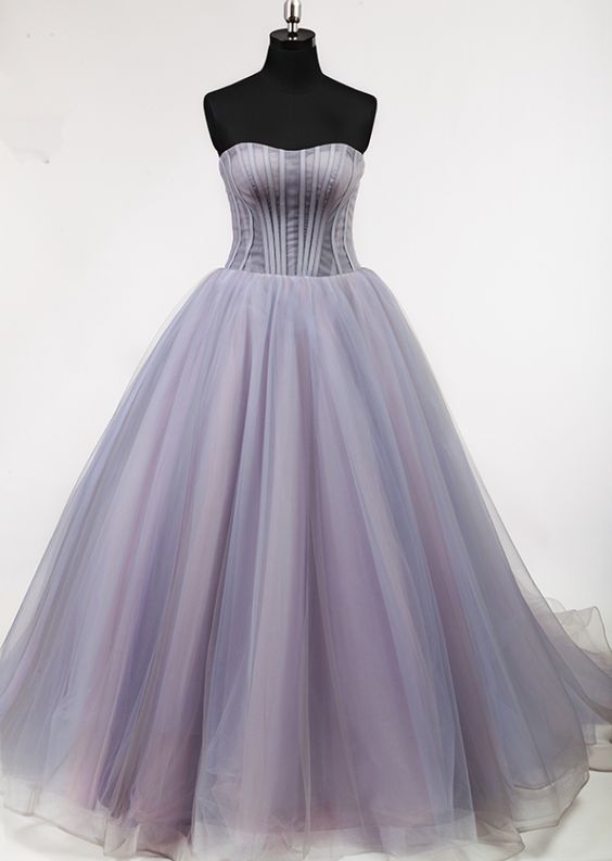 Puffy A Line Off Shoulder Pleat Lace Up Back Court Train Elegant Lady Lovely Light Purple prom dress cg4796