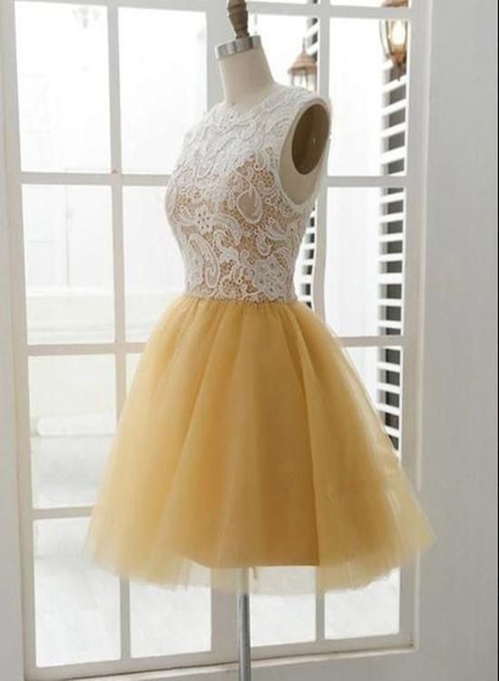 Beautiful Champagne And Tulle Lace Round Neckline Short Party Dress, Lovely Homecoming Dresses cg4817