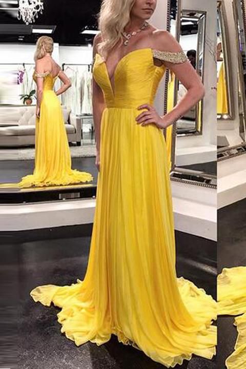 V Neck Off the Shoulder Yellow Prom Dresses Evening Prom Gowns Graduation Dress cg4837