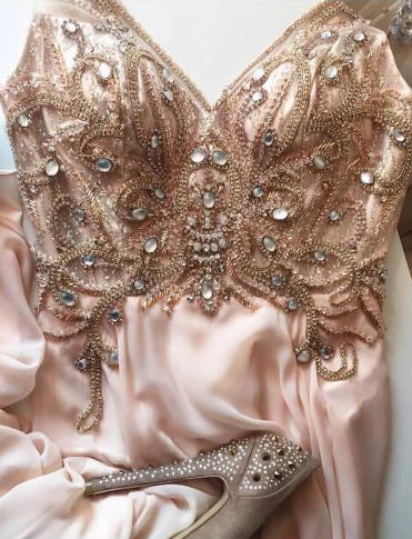 Blush Prom Dress A-line Straps Chiffon Beads Modest Prom Dresses Long Evening Dress cg4923