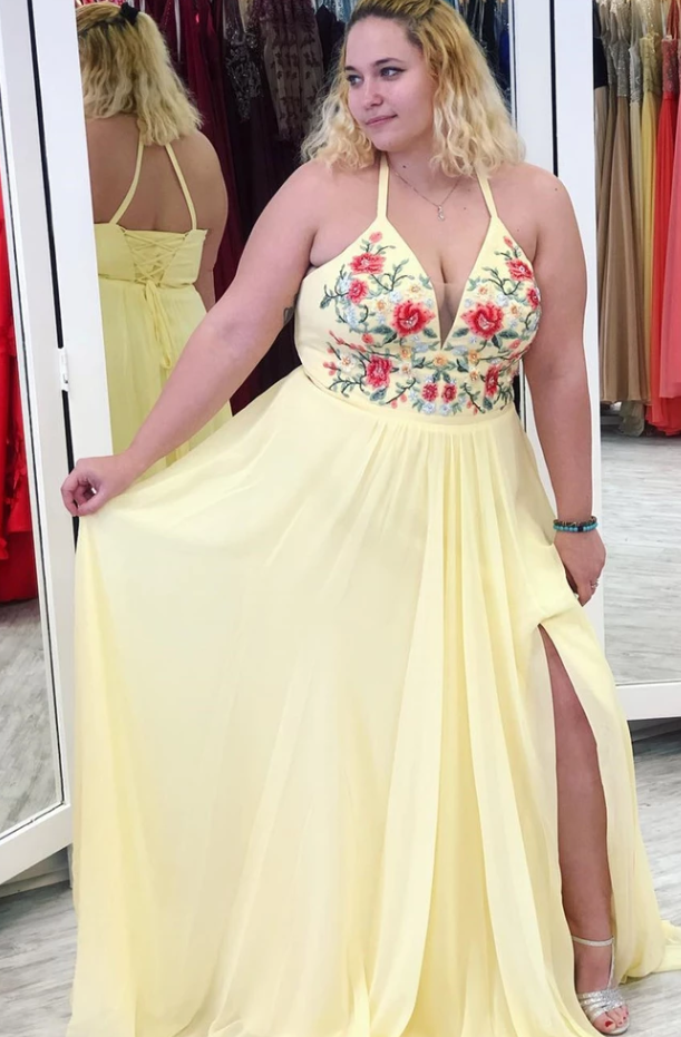 Yellow Halter Appliques Plus Size Prom Dress with Slit, A Line V Neck Sleeveless Party Dress cg4953