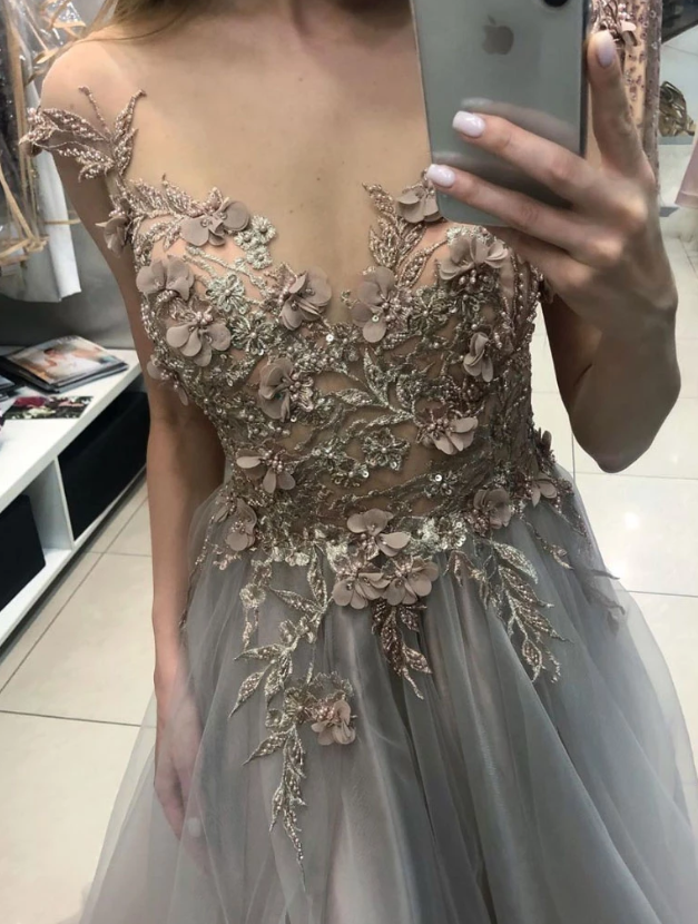 Gray v neck tulle lace long prom dress, gray evening dress cg5027