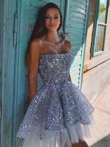 Sparkly Sequin Tulle A-line Backless Homecoming Dress cg5088
