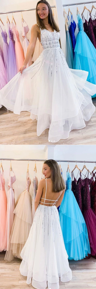 White v neck tulle sequin long prom dress white evening dress cg5208