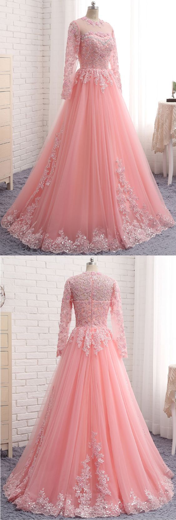 Charming Long Sleeve Appliques Pink Tulle Prom Dresses, Elegant Evening Formal Dress cg5407