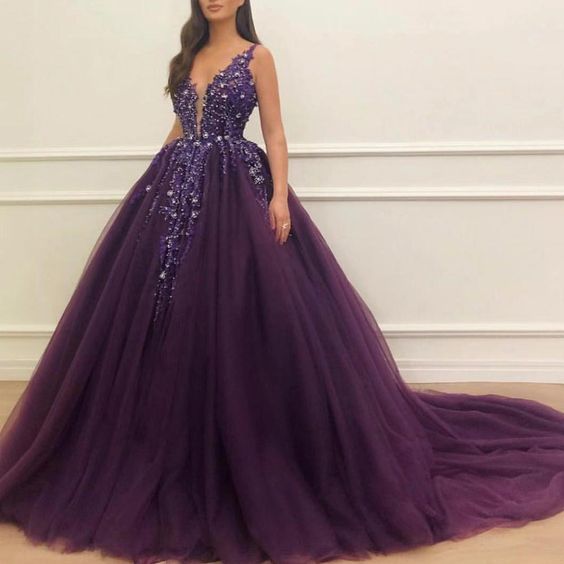 deep purple ball gown prom dresses 2020 deep v neck crystals beaded prom gown vestido de graduation cg5543