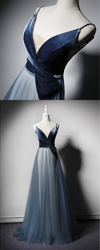 New Design Blue Tulle Velvet Long V Neck Senior Prom Dress cg5584
