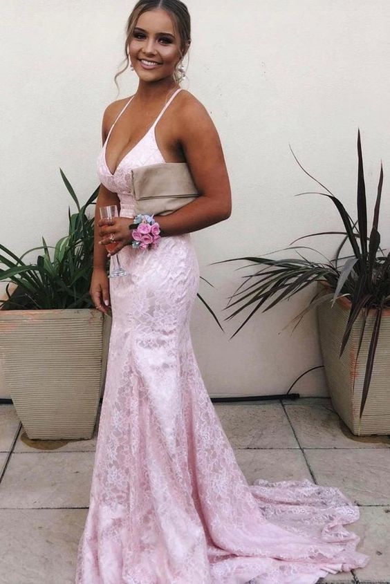 Mermaid Lace Backless V Neck Long Prom Dresses,Cheap Evening Dresses cg5607