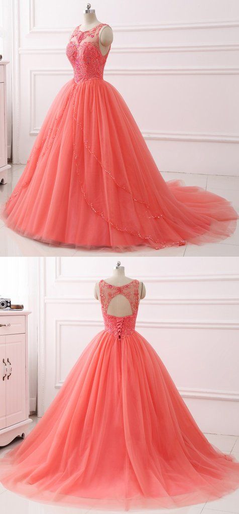 Coral Tulle Layered long Quinceanera Dress, Beaded Formal Prom Dress cg5630