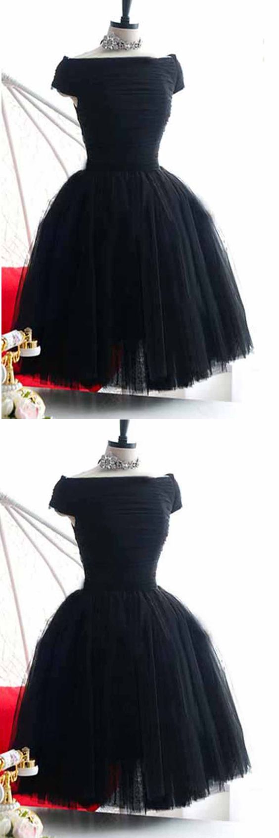 Simple black tulle off shoulder short A-line homecoming party dresses cg5661