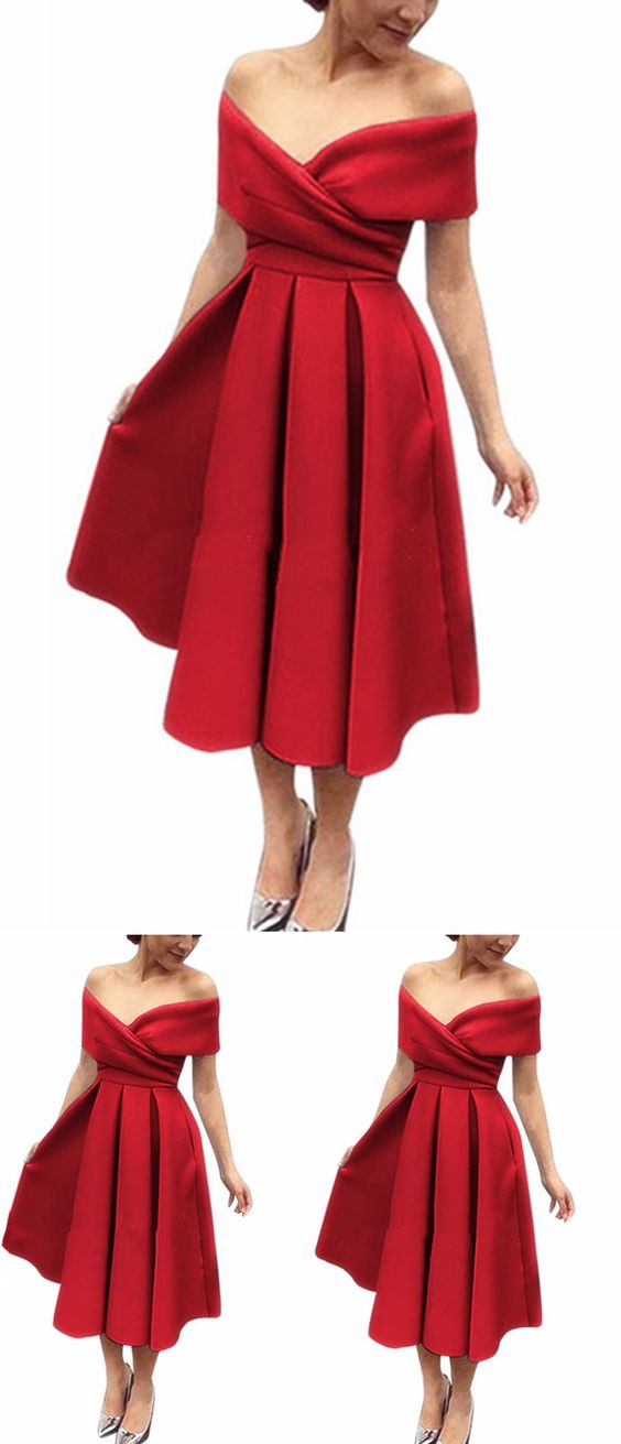 Simple red satin off shoulder V neck bridesmaid prom dress, short party dress cg5677