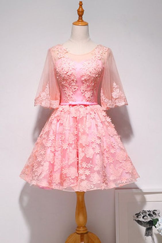 Pink Lace Round Neck Short homecoming Dress, Party Dress With Mid Sleeve cg5682