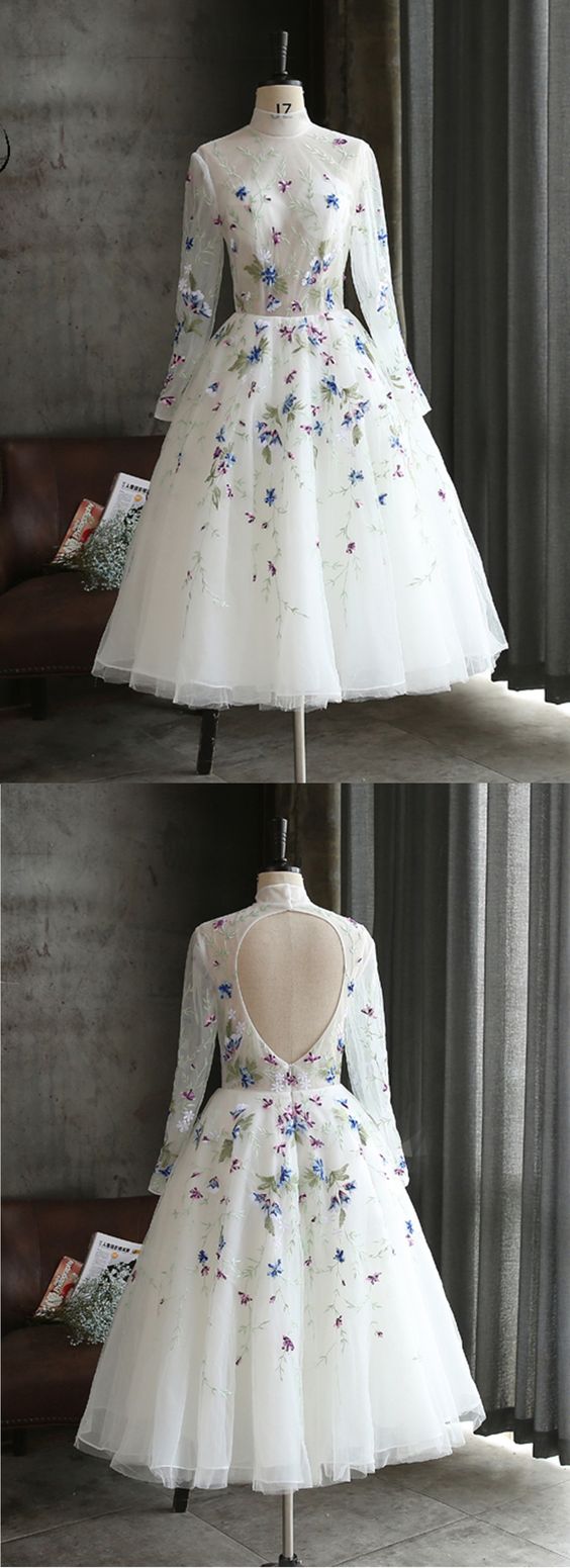 White flower lace long mid length party dress, long sleeves homecoming dress cg5692