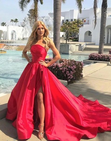 Unique Red Satin Strapless Long Prom Dress, Evening Dress cg5694